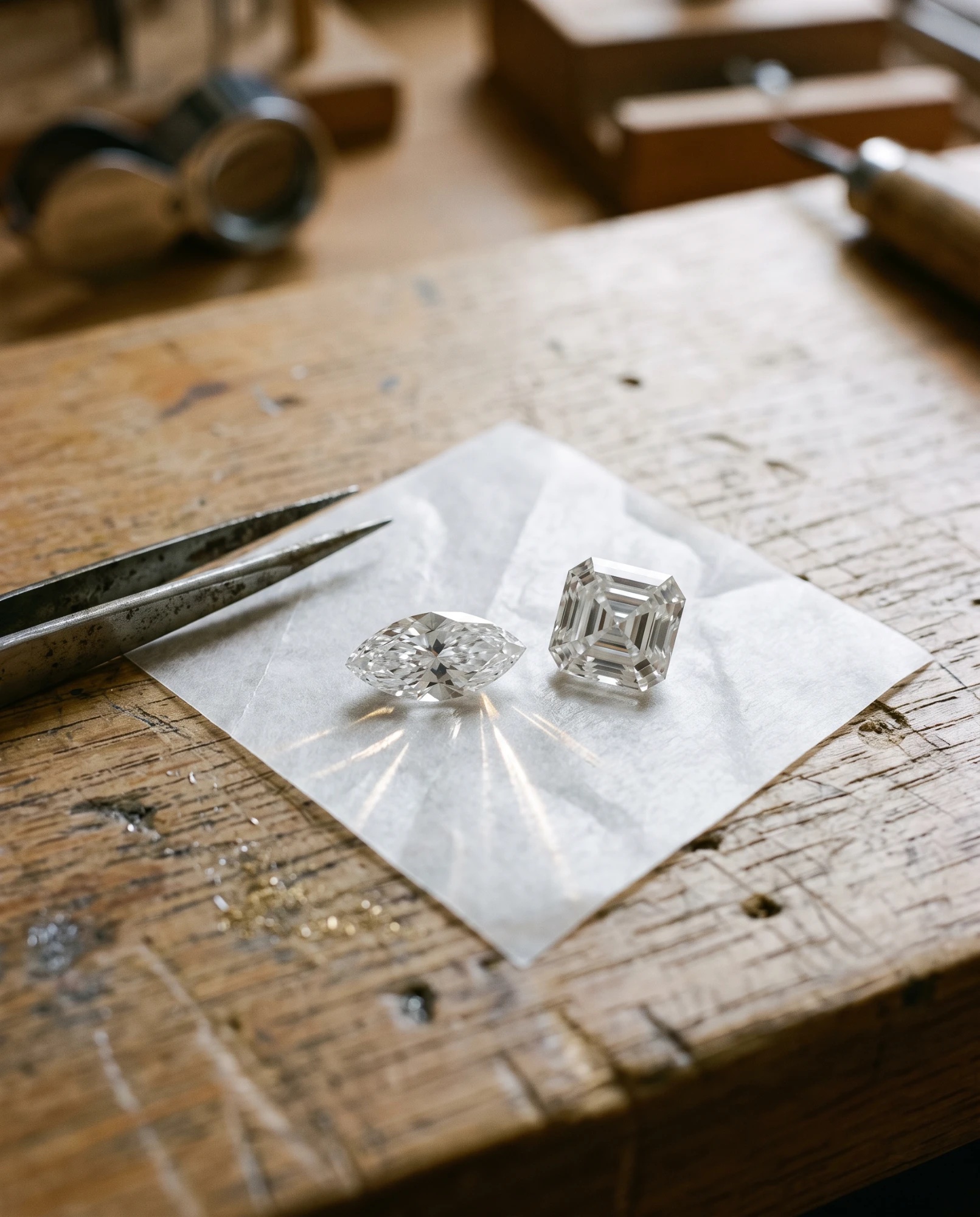 A marquise and an Asscher-cut diamond on paper at the jeweler's bench